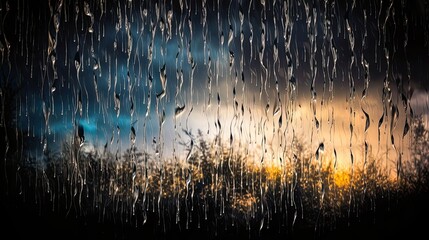 Artistic representation of precipitation using backlit raindrops falling on a dark background. Generative ai
