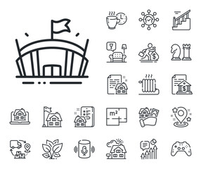 Arena with flag sign. Floor plan, stairs and lounge room outline icons. Sports stadium line icon. Sport complex symbol. Arena line sign. House mortgage, sell building icon. Real estate. Vector
