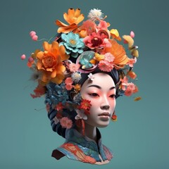 Chinse woman face with makeup, covered with flowers. 3D art. Generative AI