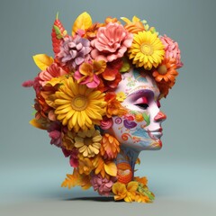 Woman face with colorful makeup, covered with warm colored flowers. 3D art. Generative AI