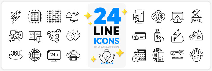 Icons set of Time management, Binary code and Lightning bolt line icons pack for app with Card, Fake news, Full rotation thin outline icon. 24h service, Phone payment, Payment method pictogram. Vector