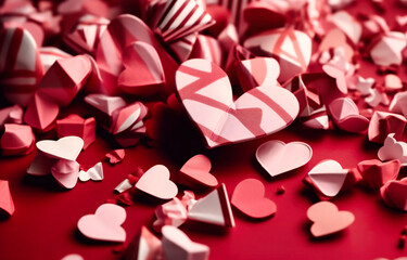 pink and white hearts made of paper on a pink surface