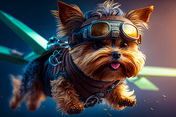 Illustration of Yorkshire terrier wearing aviator goggles. Dog pilot in plane. Generative AI