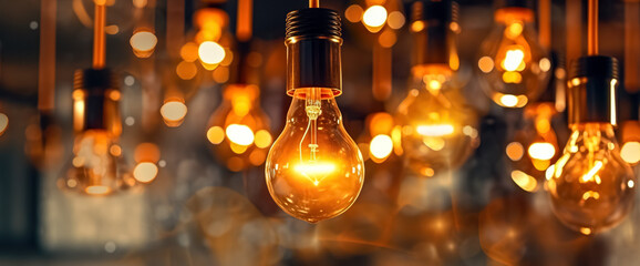 Decorative antique edison style light bulbs against brick wall background. vintage lamp decorative