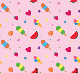 Colorful summer seamless pattern with tropical fruits and ice cream on pink background