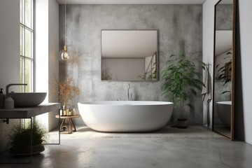 Fototapeta na wymiar Interior of a concrete bathroom with a concrete floor, white walls, a mirror, a gray tub, and a sink. Poster. a mockup. Generative AI