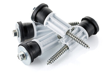 Four shipping bolts with gaskets inserted into the back of the Washing Machine during transportation, isolated on white background