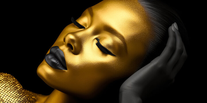 Fashion art. Beauty woman painted in black gold skin color body, body art in gold black color paint. Body art. Beauty gold metallic body, painted skin. copy space, digital ai	