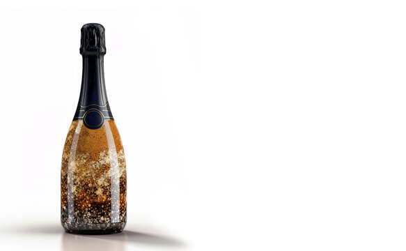 A bottle of sparkling wine on a white background. With Space for text. AI generated.