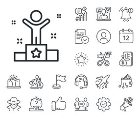 Success sign. Salaryman, gender equality and alert bell outline icons. Winner podium line icon. First place award symbol. Winner line sign. Spy or profile placeholder icon. Vector