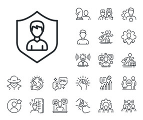 Profile Avatar with shield sign. Specialist, doctor and job competition outline icons. User Protection line icon. Male Person silhouette symbol. Security Agency line sign. Vector