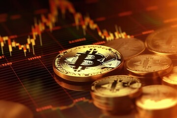 Gold bitcoins with graph chart background Generative AI