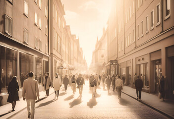 Obraz premium a blurred image of people walking on a street in a city