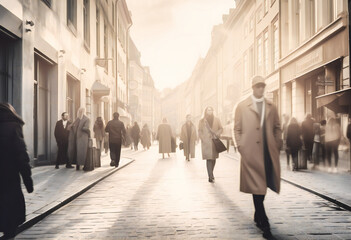 a blurred image of people walking on a street in a city