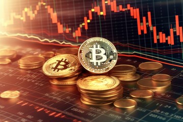 Gold bitcoins with graph chart background Generative AI