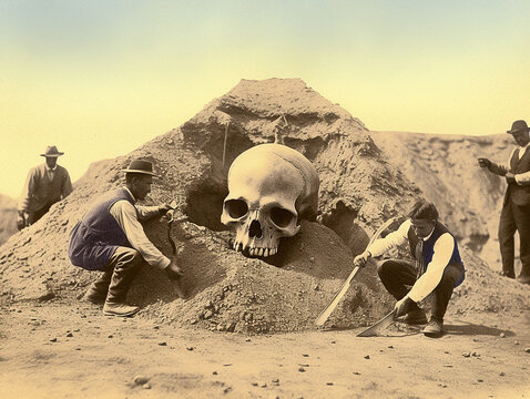 Giant human skull archeological excavation discovery site set in the late 1800s vintage style photorealistic historic scene. Generative AI illustration