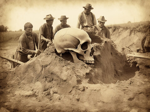 Giant human skull archeological excavation discovery site set in the late 1800s vintage style photorealistic historic scene. Generative AI illustration