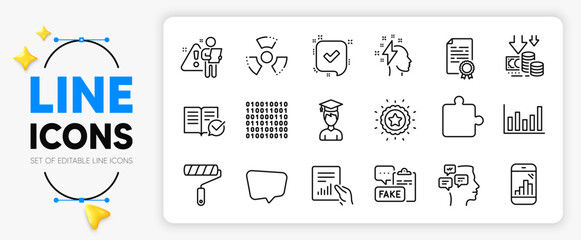 Search employee, Puzzle and Chemical hazard line icons set for app include Student, Winner star, Graph phone outline thin icon. Binary code, Deflation, Chat message pictogram icon. Vector
