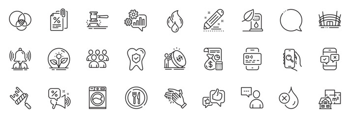 Icons pack as Tax documents, Paint roller and Phone survey line icons for app include Euler diagram, Discounts offer, Like outline thin icon web set. Speech bubble, Washing machine. Vector