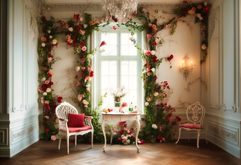 a big corner of white furniture with flowers in the background