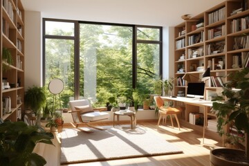 Obraz premium glass window wall view nature theme |,living room with nature behind glass windows ,modern nature themed living room ,fantastic view office room generative AI