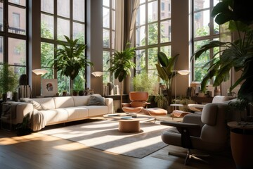 Fototapeta premium glass window wall view nature theme |,living room with nature behind glass windows ,modern nature themed living room ,fantastic view office room generative AI