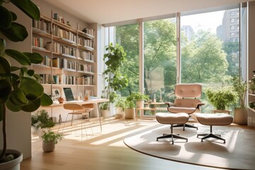 Fototapeta na wymiar glass window wall view nature theme |,living room with nature behind glass windows ,modern nature themed living room ,fantastic view office room generative AI