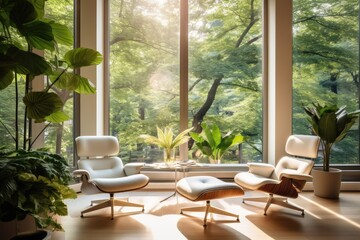 glass window wall view nature theme |,living room with nature behind glass windows ,modern nature themed living room ,fantastic view office room generative AI