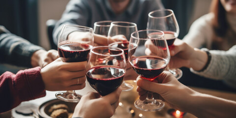 Close up of group of friends toasting with glasses of red wine at restaurant