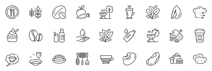 Icons pack as Beans, Plate and Food delivery line icons for app include Ice cream, Gluten free, Water drop outline thin icon web set. Coffee beans, Water bottle, Fast food pictogram. Vector