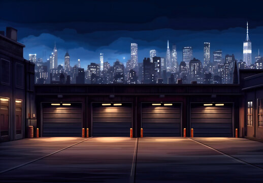an empty asphalt garage at night with a city skyline