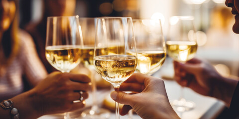 Close up of group of friends toasting with glasses of white wine at restaurant