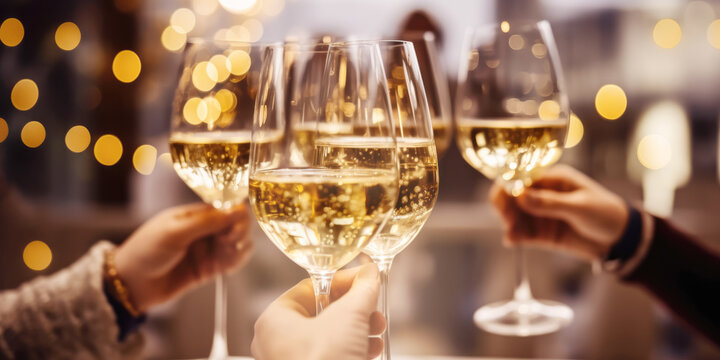 Close up of group of friends toasting with glasses of white wine at restaurant