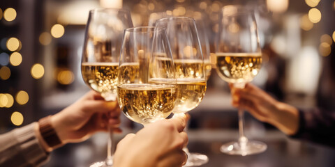 Close up of group of friends toasting with glasses of white wine at restaurant