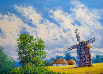 Oil paintings rural landscape in the village. Old village, summer landscape, old huts. Fine art, artwork
