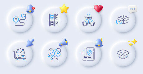 Open box, Fast delivery and Parking place line icons. Buttons with 3d bell, chat speech, cursor. Pack of Journey, Ship, Keys icon. Place, Packing boxes pictogram. For web app, printing. Vector - obrazy, fototapety, plakaty