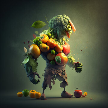 Ai Surreal Picture Of A Male Human Body Made Up Of Fruits And Vegetables, A Digital Rendering, Naturalism, Biomachine. Concept Of Well Balanced Diet For The Organism, Vegetarian Life Style.