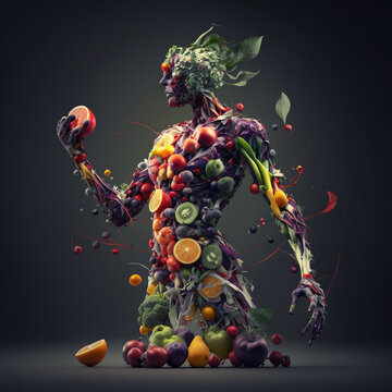 Ai surreal picture of a male human body made up of fruits and vegetables, a digital rendering, naturalism, biomachine. Concept of well balanced diet for the organism, vegetarian life style.