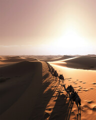 Caravan of camels crossing endless perspective of a desert