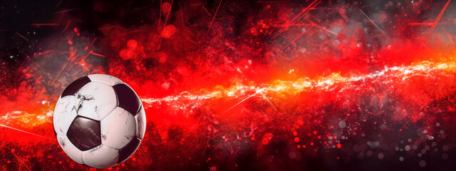 football ball on red background, banner with copy space, made with Generative AI