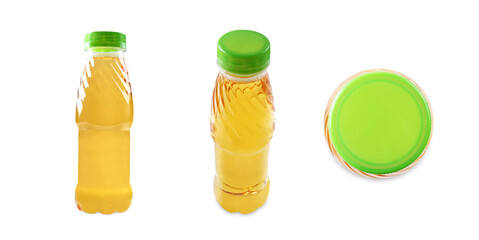 Fresh apple juice in a bottle on a white isolated background