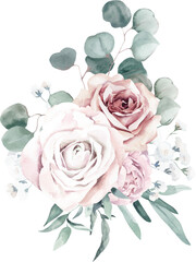 Watercolor Bouquet with Roses, Olives Branches and Gypsophila on Transparent Background