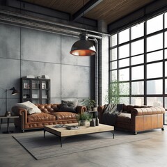 modern living room interior. stainless steel appliances and stamped concrete flooring. AI Generated. 