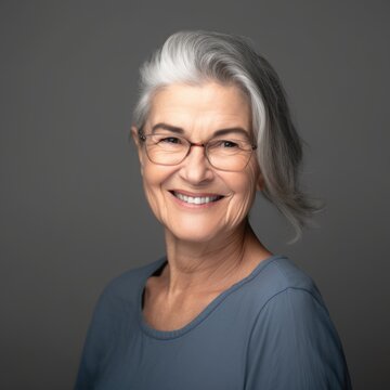 Happy Mature Woman In Studio Portrait Dark Color Background. Generative AI AIG20.