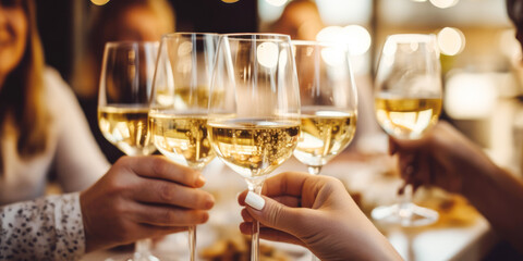Close up of group of friends toasting with glasses of white wine at restaurant