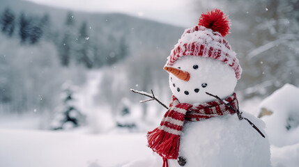Obraz premium Joyful snowman wearing a festive red hat and scarf at a snowy landscape, banner with copy space. 