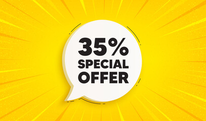35 percent discount offer tag. Speech bubble sunburst banner. Sale price promo sign. Special offer symbol. Discount chat speech message. Yellow sun burst background. Vector