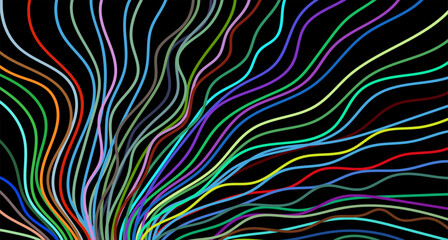 Abstract colorful pattern of wavy lines on a black background. Composition in the form of an arbitrary multicolored doodle. Vector illustration, EPS 10. Minimalistic style. Copy space.