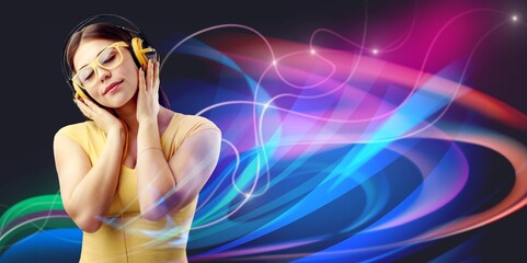 Happy young singer wear headphones and singing