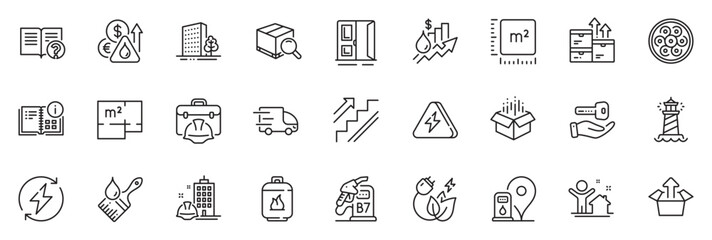 Fototapeta na wymiar Icons pack as Diesel station, Open door and Square meter line icons for app include Wholesale goods, Brush, Search package outline thin icon web set. Buildings, Petrol station. Vector